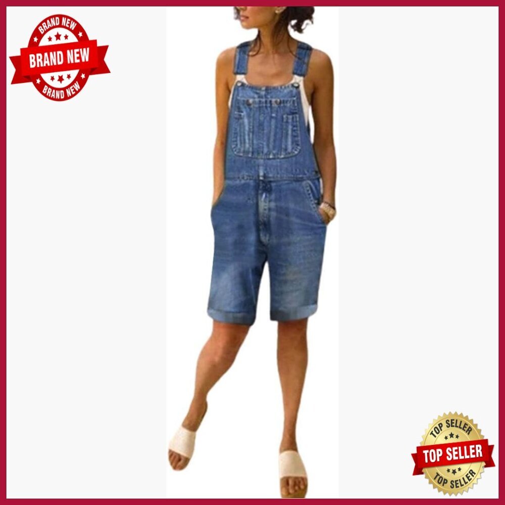 Distressed Denim Overalls Shorts Romper Adjustable Strap Cuffed Hem Casual